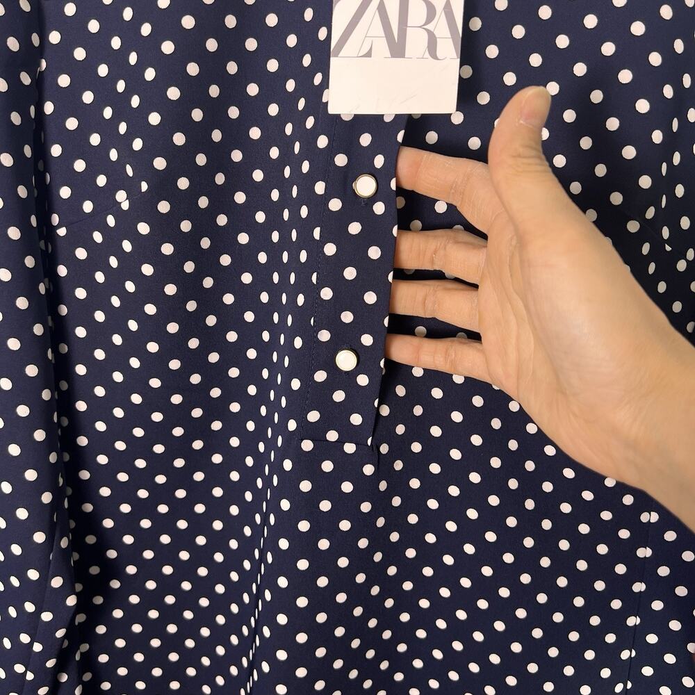NWT Zara Womens Blue White Polka Dot Long Sleeve Pullover tunic Sz L Boho Preppy - Picture 3 of 9